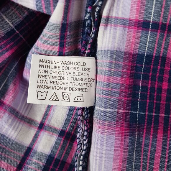 Dakini Plaid Boyfriend Shirt Womens Small Purple Stretch Hidden Pocket Vented - Picture 11 of 14